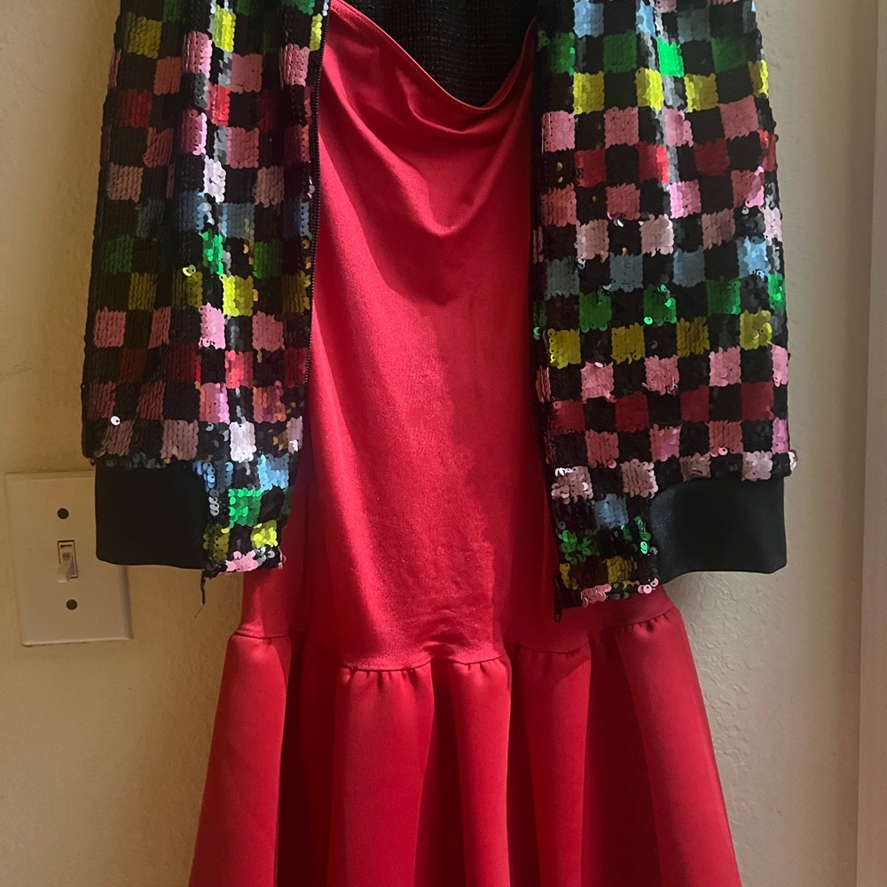Red Dress with Colorful Sequin Jacket perfect for a fun jazz or hip hop dance